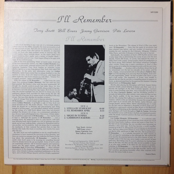 Tony Scott , Bill Evans , Jimmy Garrison , Pete La Roca - I'll Remember | Muse Records (MR 5266) - 2