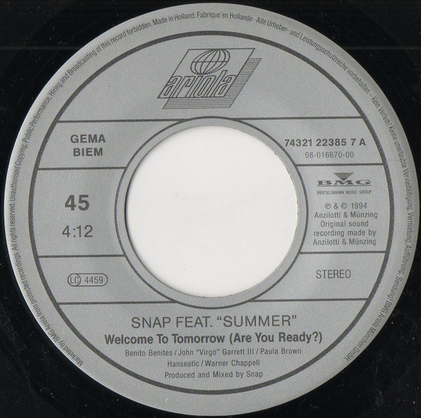 Snap! Feat. Summer - Welcome To Tomorrow | Ariola (74321 22385 7) - 3