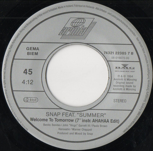 Snap! Feat. Summer - Welcome To Tomorrow | Ariola (74321 22385 7) - 4