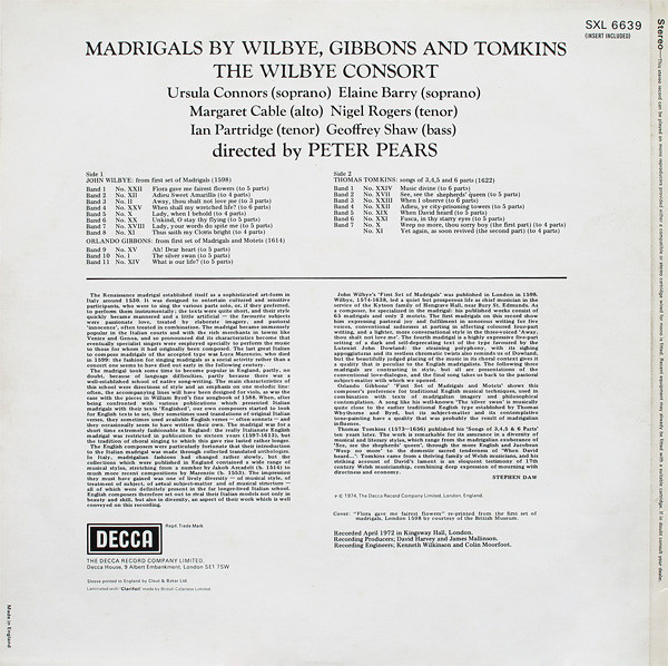 Wilbye , Tomkins & Gibbons , The Wilbye Consort Directed By Peter Pears - Madrigals By Wilbye, Tomkins & Gibbons | Decca (SXL 6639)