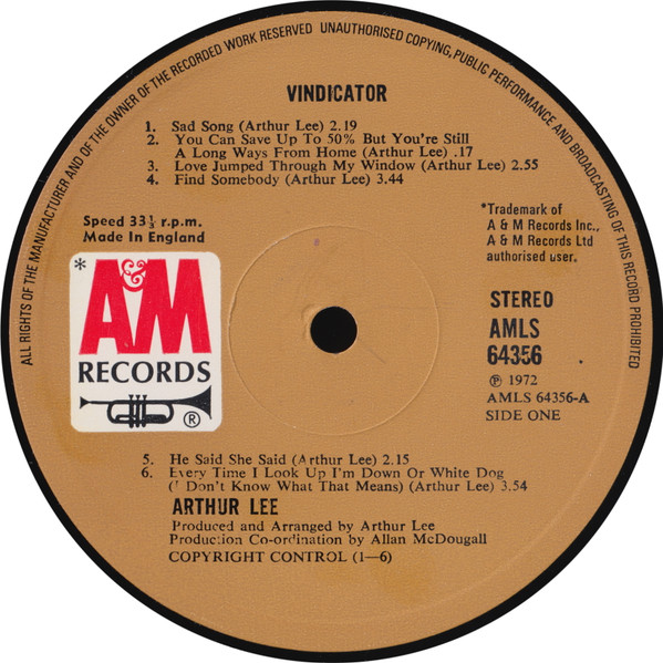 Arthur Lee - Vindicator | A&M Records (AMLS 64356) - 3