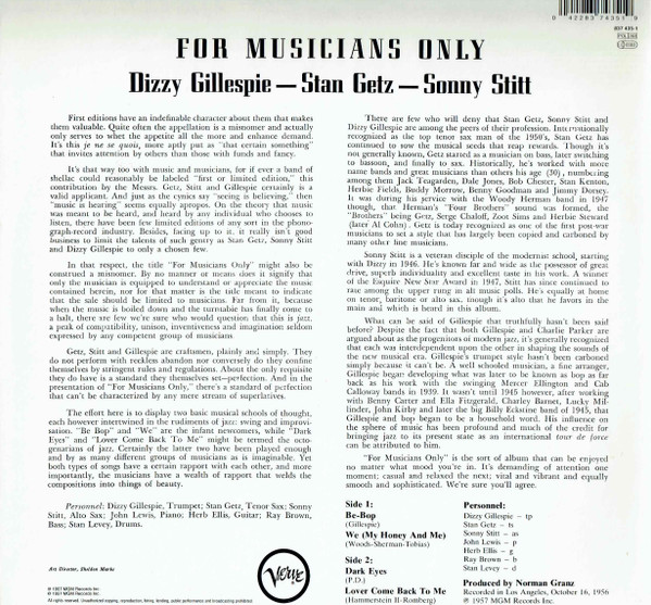 Stan Getz / Dizzy Gillespie / Sonny Stitt - For Musicians Only | Verve Records (837 435-1) - 2