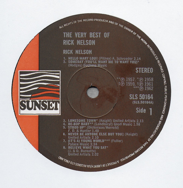 Ricky Nelson - The Very Best Of Rick Nelson | Sunset Records (SLS 50164) - 3 Ricky Nelson - The Very Best Of Rick Nelson | Sunset Records (SLS 50164) - 3