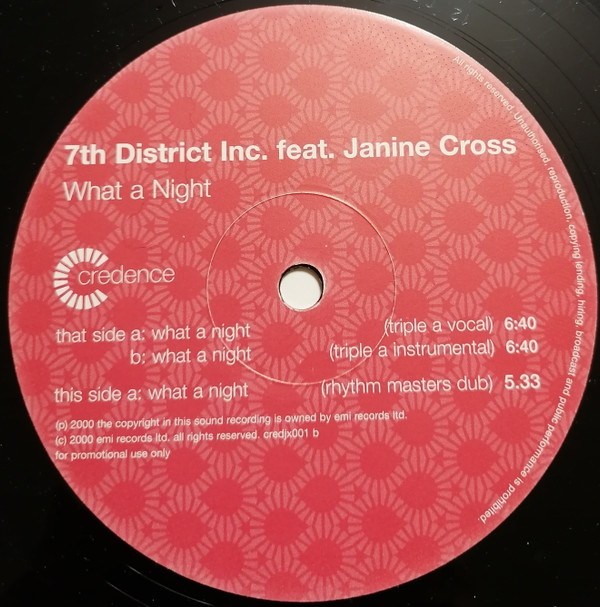 7th District Inc. Featuring Janine Cross - What A Night | Credence (12credjx001) - 2