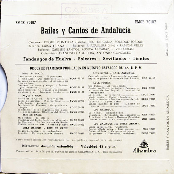 Various - Bailes Y Cantos de Andalucia | Alhambra (EMGE 70107) - 2