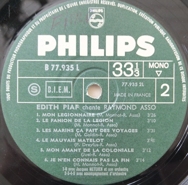 Edith Piaf - Chante Raymond Asso | Philips (B 77 935 L) - 4