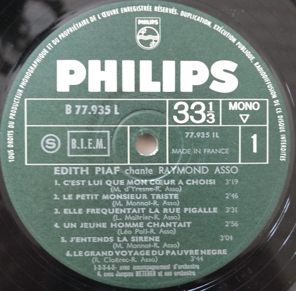 Edith Piaf - Chante Raymond Asso | Philips (B 77 935 L) - 3