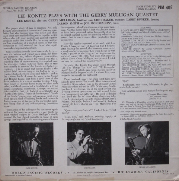 Lee Konitz Plays With Gerry Mulligan Quartet - Lee Konitz Plays With The Gerry Mulligan Quartet | World Pacific Records (PJM-406) - 2