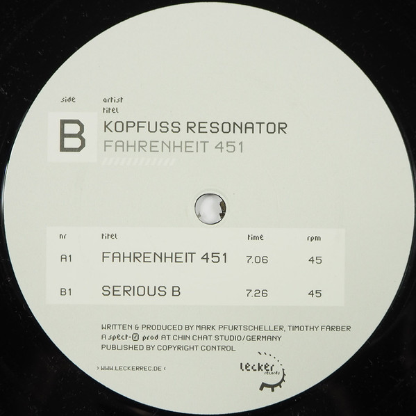 Kopfuss Resonator - Fahrenheit 451 / Serious B | Lecker Records (LR 004-12) - 2