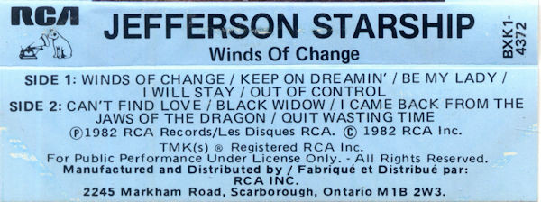 Jefferson Starship - Winds Of Change [Cassette] | RCA (BXK1 4372) - 2