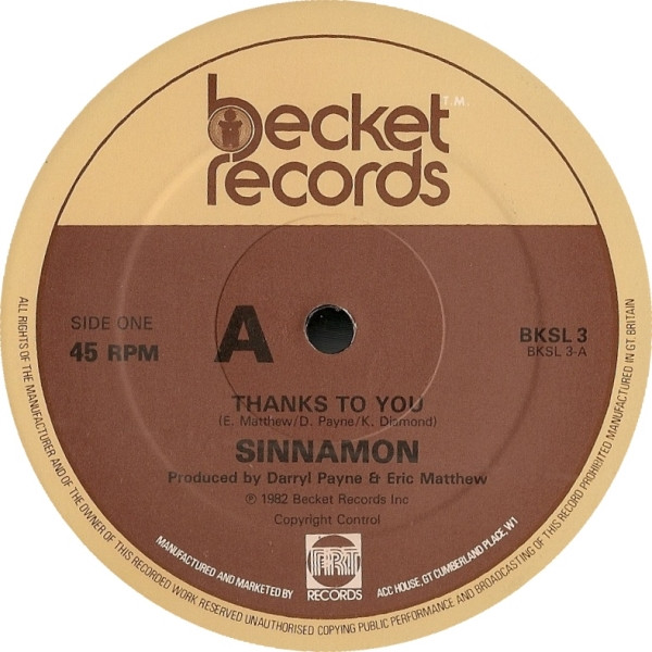 Sinnamon - Thanks To You | Becket Records (BKSL 3)