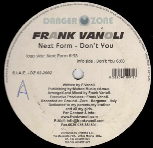 Frank Vanoli - Next Form / Don't You | Danger Zone Records (DZ 02-2002)