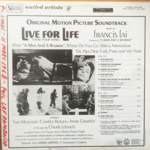 Francis Lai - Live For Life = Vivre Pour Vivre (Original Motion Picture Soundtrack) | United Artists Records (UAS 5165) - 2