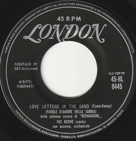 Pat Boone - Love Letters In The Sand = Parole D'Amore Nella Sabbia | London Records (45-HL 8445)