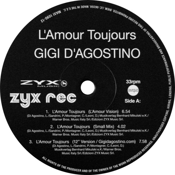 Gigi D'Agostino - L'Amour Toujours | ZYX Music (MAXI 1090-12) - 4