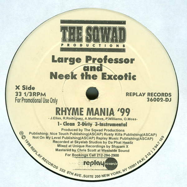 The Sqwad : Large Professor & Neek The Exotic / Masta Ace - Rhyme Mania '99 / NY Confidential | Replay Records (36002-DJ)