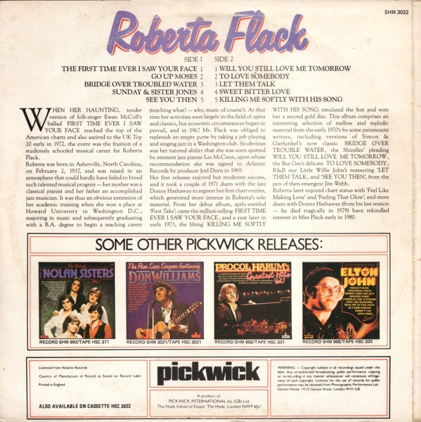 Roberta Flack - The First Time Ever I Saw Your Face | Pickwick Records (SHM 3022)