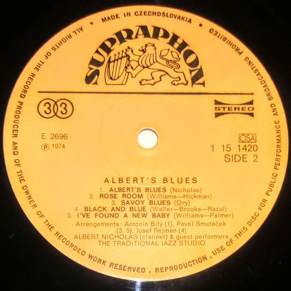 Albert Nicholas And Traditional Jazz Studio - Albert's Blues | Supraphon (1 15 1420) - 4