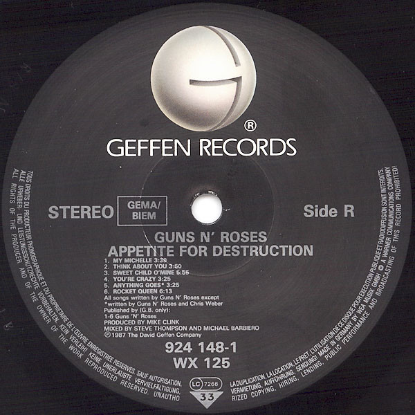 Guns N' Roses - Appetite For Destruction | Geffen Records (WX 125) - 6 Guns N' Roses - Appetite For Destruction | Geffen Records (WX 125) - 6