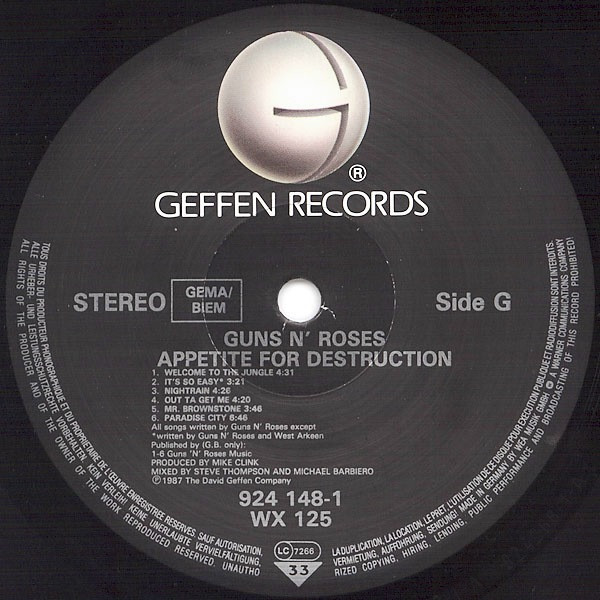 Guns N' Roses - Appetite For Destruction | Geffen Records (WX 125) - 5 Guns N' Roses - Appetite For Destruction | Geffen Records (WX 125) - 5
