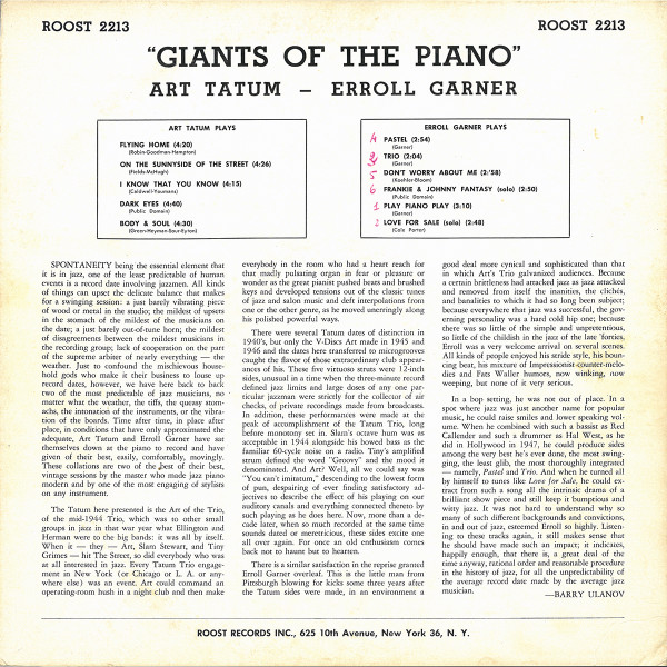 Art Tatum / Erroll Garner - Giants Of The Piano | Roost (LP 2213) - 2