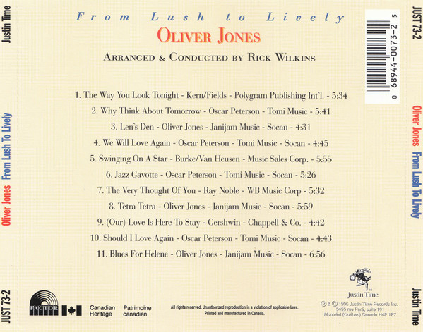 Oliver Jones Arranged & Conducted By Rick Wilkins - From Lush To Lively [CD] | Justin Time (JUST 73-2) - 2