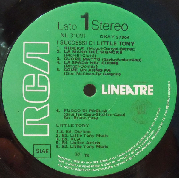 Little Tony - I Successi Di Little Tony | RCA (NL 31091) - 3
