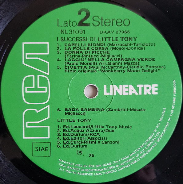 Little Tony - I Successi Di Little Tony | RCA (NL 31091) - 4