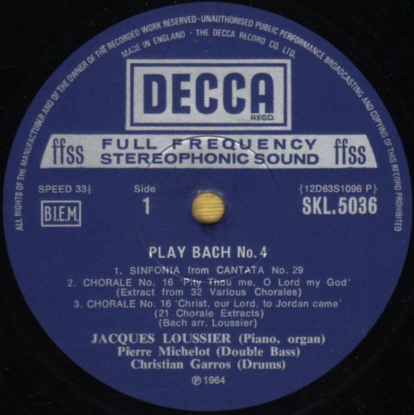 Jacques Loussier , Christian Garros , Pierre Michelot - Play Bach No. 4 | Decca (SKL.5036) - 3