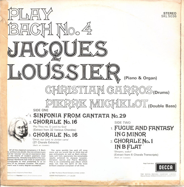 Jacques Loussier , Christian Garros , Pierre Michelot - Play Bach No. 4 | Decca (SKL.5036) - 2