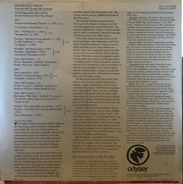 Lionel Rogg And The Ricercare-Ensemble Für Alte Musik, Zürich - Renaissance Dances | Odyssey (32 16 0036) - 2