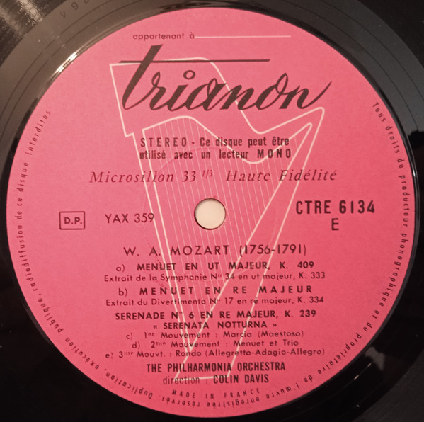 Wolfgang Amadeus Mozart , Philharmonia Orchestra Direction Sir Colin Davis - Petite Musique De Nuit - Sérénade Nocturne - Promenade En Traineau - 2 Danses Allemandes - Menuet (Le Célèbre) | Classiques Pour Vous (CTRE 6134) - 4