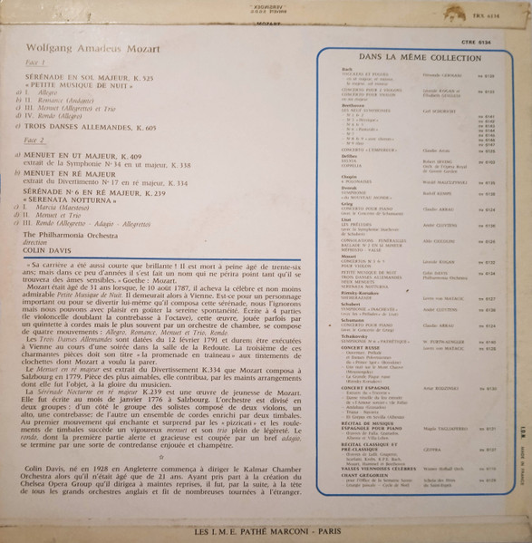 Wolfgang Amadeus Mozart , Philharmonia Orchestra Direction Sir Colin Davis - Petite Musique De Nuit - Sérénade Nocturne - Promenade En Traineau - 2 Danses Allemandes - Menuet (Le Célèbre) | Classiques Pour Vous (CTRE 6134) - 2