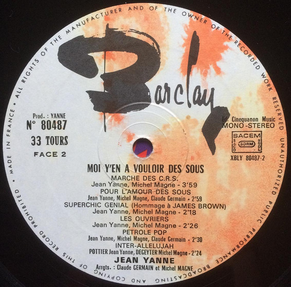 Jean Yanne , Michel Magne - Moi Y'en A Vouloir Des Sous (Chansons Originales Du Film) | Barclay (80 487) - 4