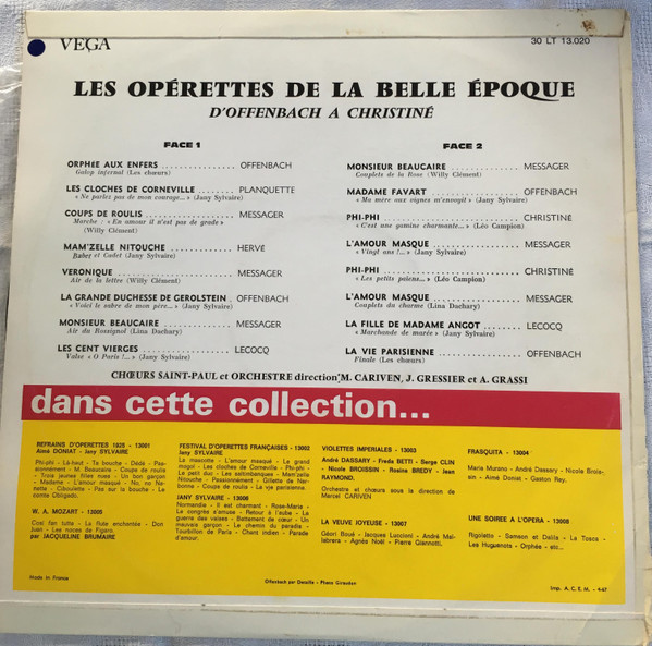 Various - Les Opérettes De La Belle Époque (D'Offenbach À Christiné) | Vega (30 LT 13.020) - 2
