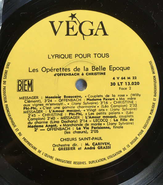 Various - Les Opérettes De La Belle Époque (D'Offenbach À Christiné) | Vega (30 LT 13.020) - 3