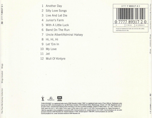 Wings - Wings Greatest | EMI Music Canada (C2 0777 7 89317 2 0) - 2