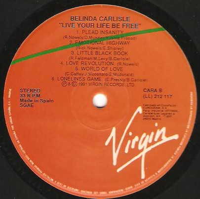 Belinda Carlisle - Live Your Life Be Free | Virgin ((LL) 212 117) - 3 Belinda Carlisle - Live Your Life Be Free | Virgin ((LL) 212 117) - 3