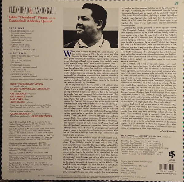 Eddie "Cleanhead" Vinson With The Cannonball Adderley Quintet - Cleanhead & Cannonball | Landmark Records (LLP-1309) - 2