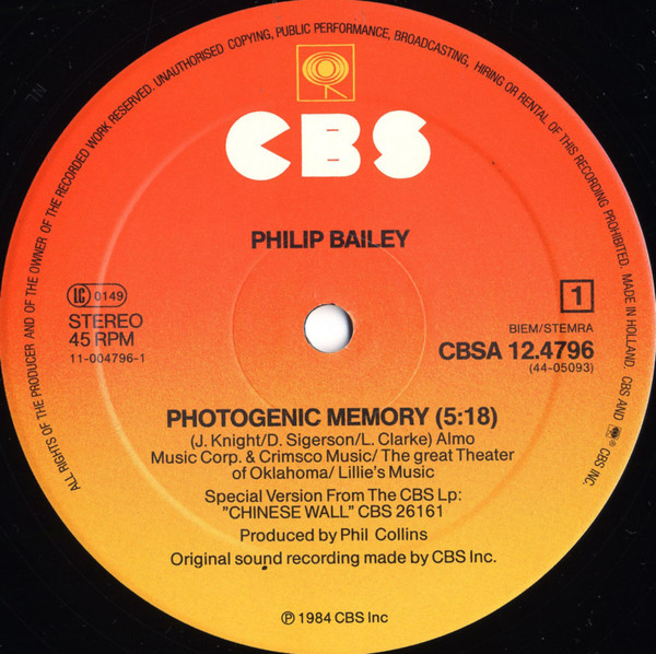 Philip Bailey - Photogenic Memory / Children Of The Ghetto | CBS (CBSA 12.4796) - 3