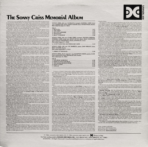 Sonny Criss - The Sonny Criss Memorial Album | Xanadu Records (Xanadu 200) - 2