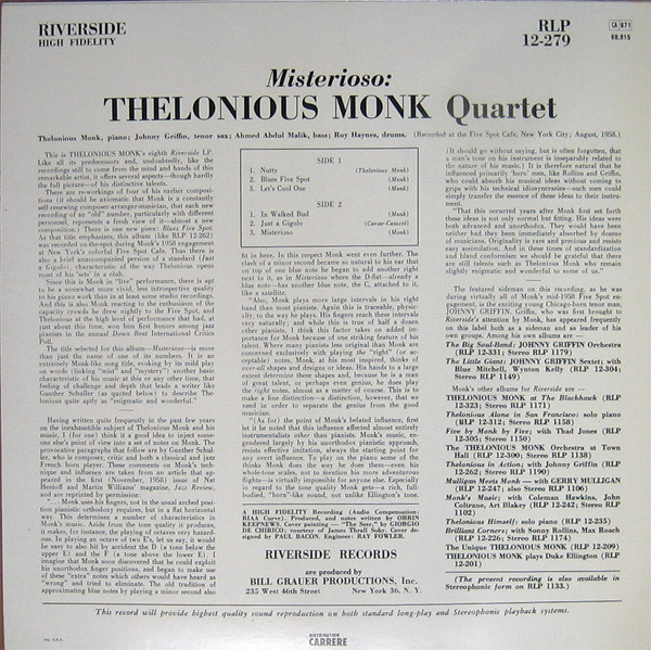 The Thelonious Monk Quartet - Misterioso | Riverside Records (68.915)
