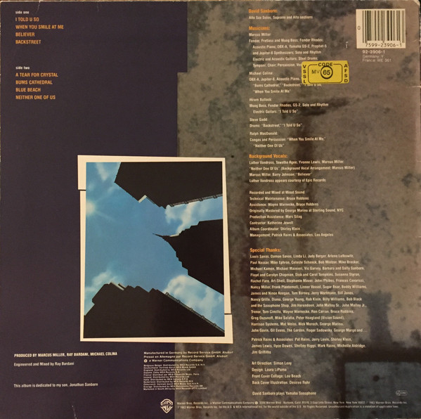David Sanborn - Backstreet | Warner Bros. Records (92 3906-1) - 2 David Sanborn - Backstreet | Warner Bros. Records (92 3906-1) - 2