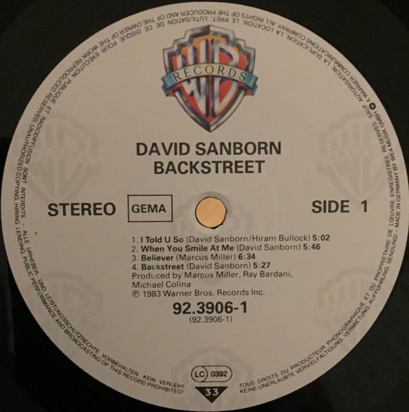 David Sanborn - Backstreet | Warner Bros. Records (92 3906-1) - 3 David Sanborn - Backstreet | Warner Bros. Records (92 3906-1) - 3