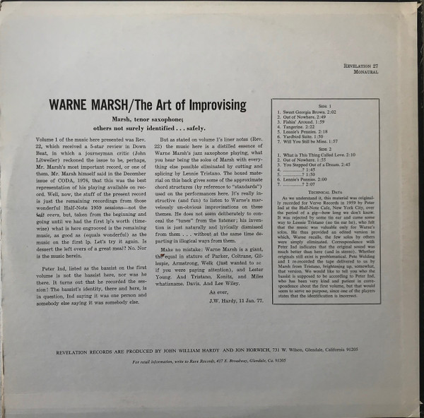 Warne Marsh - The Art of Improvising Volume 2 | Revelation Records (Revelation 27) - 2 Warne Marsh - The Art of Improvising Volume 2 | Revelation Records (Revelation 27) - 2