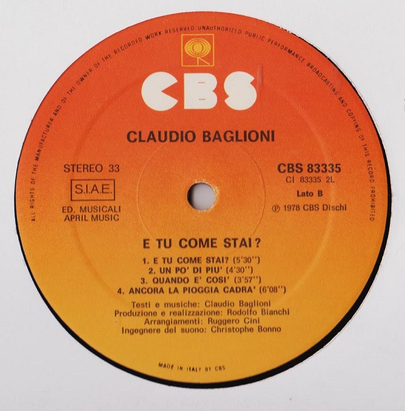 Claudio Baglioni - E Tu Come Stai? | CBS (CBS 83335)