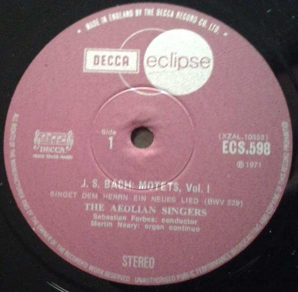 Johann Sebastian Bach , The Aeolian Singers / Sebastian Forbes , Martin Neary - Motets Volume I | Decca (ECS 598) - 3 Johann Sebastian Bach , The Aeolian Singers / Sebastian Forbes , Martin Neary - Motets Volume I | Decca (ECS 598) - 3
