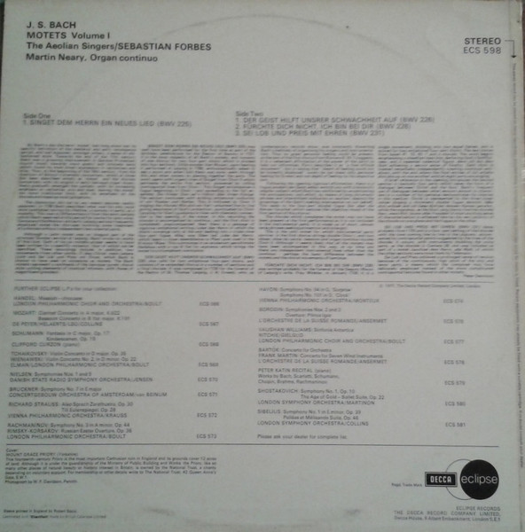 Johann Sebastian Bach , The Aeolian Singers / Sebastian Forbes , Martin Neary - Motets Volume I | Decca (ECS 598) - 2 Johann Sebastian Bach , The Aeolian Singers / Sebastian Forbes , Martin Neary - Motets Volume I | Decca (ECS 598) - 2