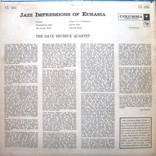 The Dave Brubeck Quartet - Jazz Impressions Of Eurasia | Columbia (CL 1251) - 2 The Dave Brubeck Quartet - Jazz Impressions Of Eurasia | Columbia (CL 1251) - 2