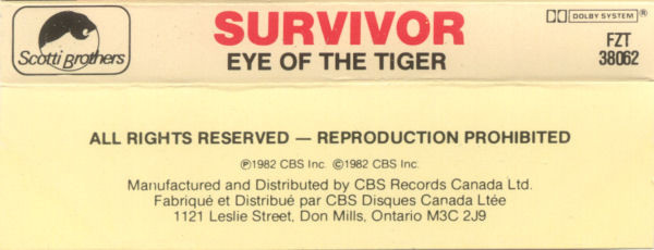 Survivor - Eye Of The Tiger [Cassette] | Scotti Bros. Records (FZT 38062) - 2